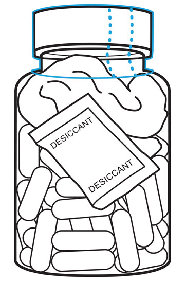 Illustration of pill bottle with desiccant, cotton, and pills by Deitz Company