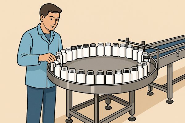 Illustration showing one operator inserting desiccant packet into white bottles on a rotary turntable to semi-automate insertion